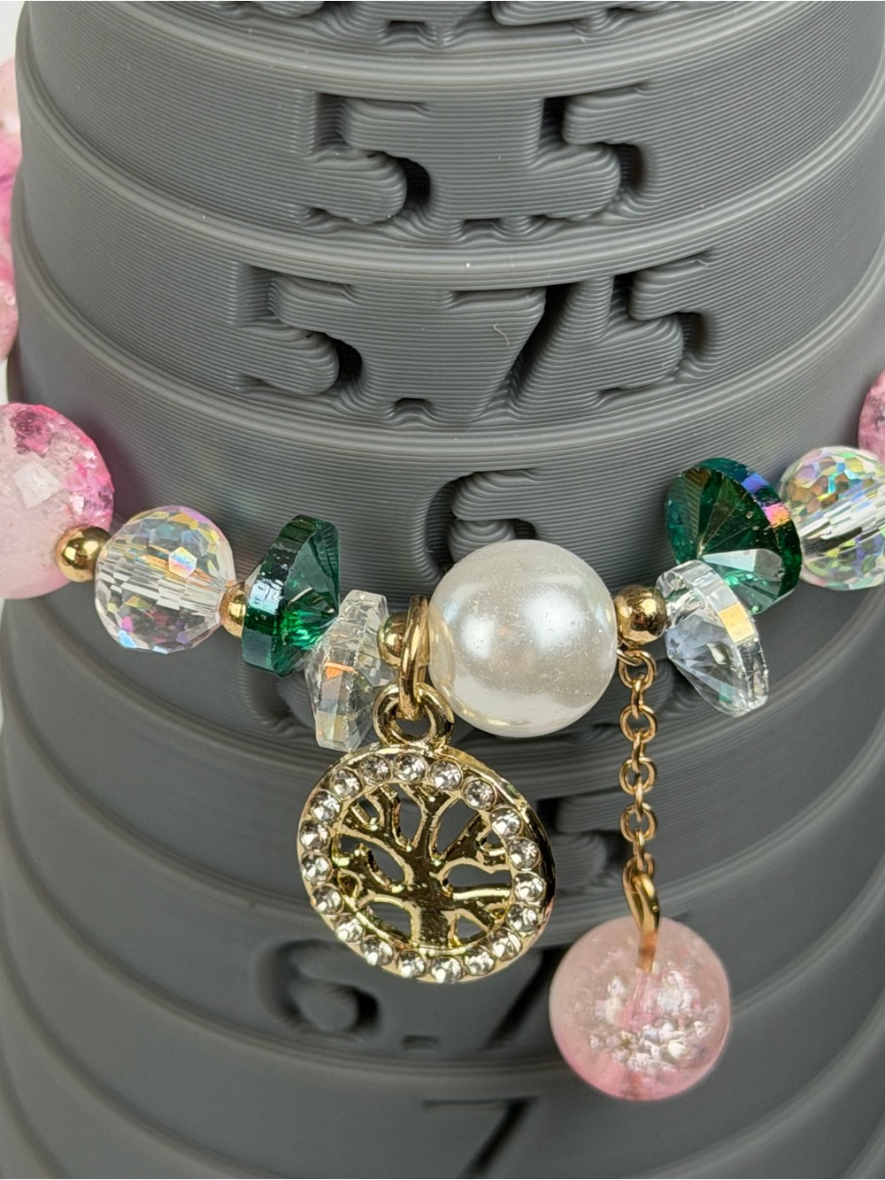 Boho Tree of Life Round Beaded Bracelet Gold Tone Charm